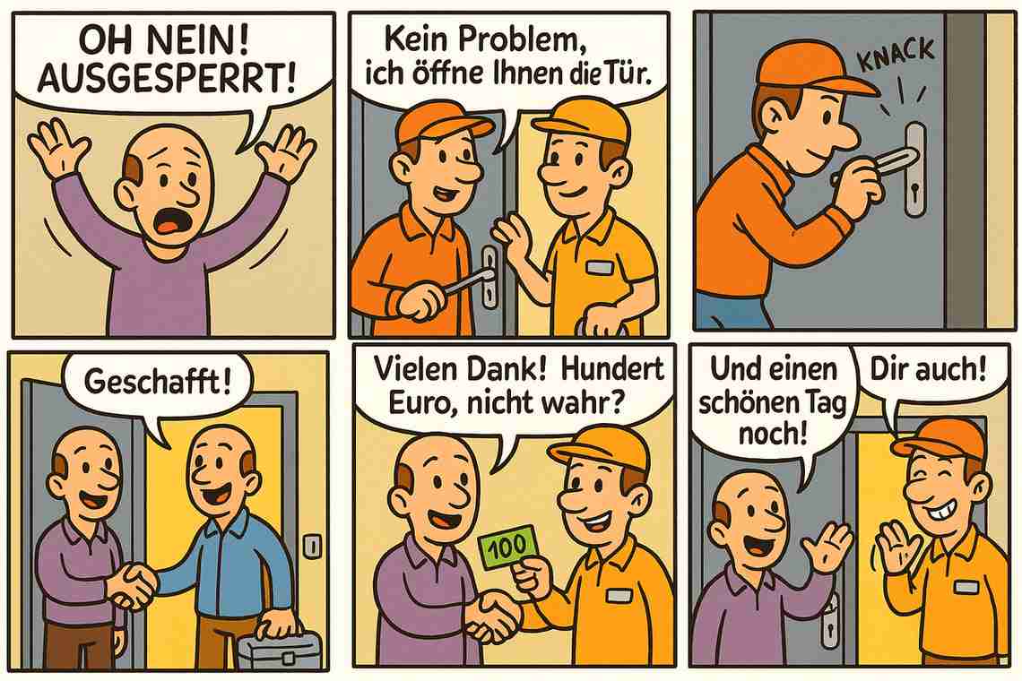Comic: Schlüsseldienst Schwerin – 6 Panels im 3×2 Layout